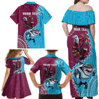 Personalised Eagles And Sharks Rugby Family Matching Off Shoulder Maxi Dress and Hawaiian Shirt Aboriginal Mix Polynesian Pattern