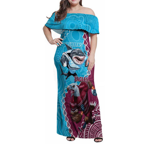 Personalised Eagles And Sharks Rugby Family Matching Off Shoulder Maxi Dress and Hawaiian Shirt Aboriginal Mix Polynesian Pattern