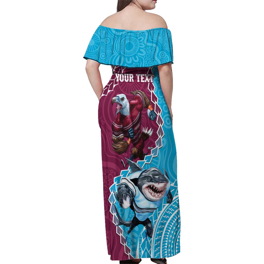 Personalised Eagles And Sharks Rugby Family Matching Off Shoulder Maxi Dress and Hawaiian Shirt Aboriginal Mix Polynesian Pattern