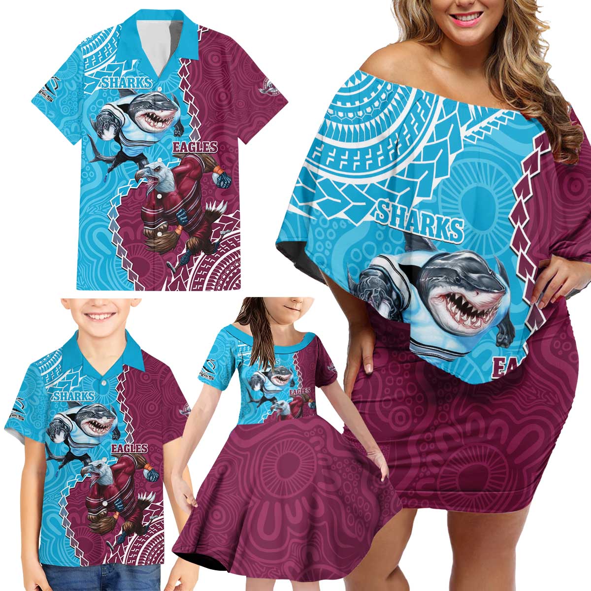 Personalised Eagles And Sharks Rugby Family Matching Off Shoulder Short Dress and Hawaiian Shirt Aboriginal Mix Polynesian Pattern