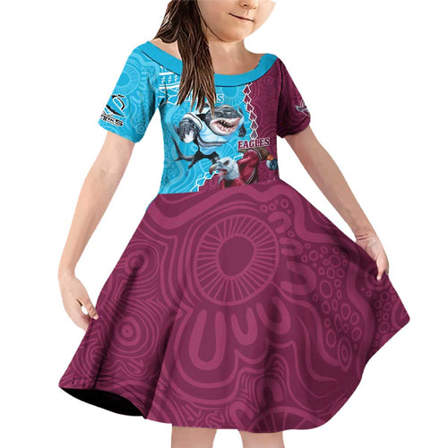 Personalised Eagles And Sharks Rugby Family Matching Off Shoulder Short Dress and Hawaiian Shirt Aboriginal Mix Polynesian Pattern