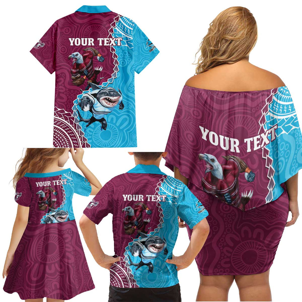 Personalised Eagles And Sharks Rugby Family Matching Off Shoulder Short Dress and Hawaiian Shirt Aboriginal Mix Polynesian Pattern
