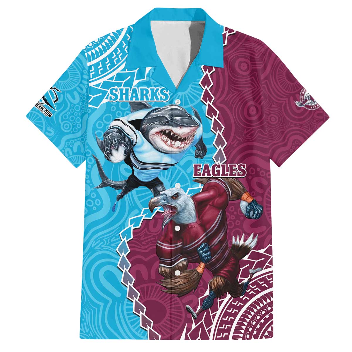 Personalised Eagles And Sharks Rugby Family Matching Off Shoulder Short Dress and Hawaiian Shirt Aboriginal Mix Polynesian Pattern