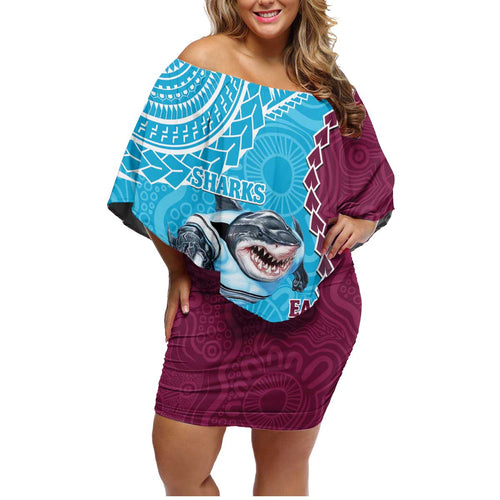 Personalised Eagles And Sharks Rugby Family Matching Off Shoulder Short Dress and Hawaiian Shirt Aboriginal Mix Polynesian Pattern