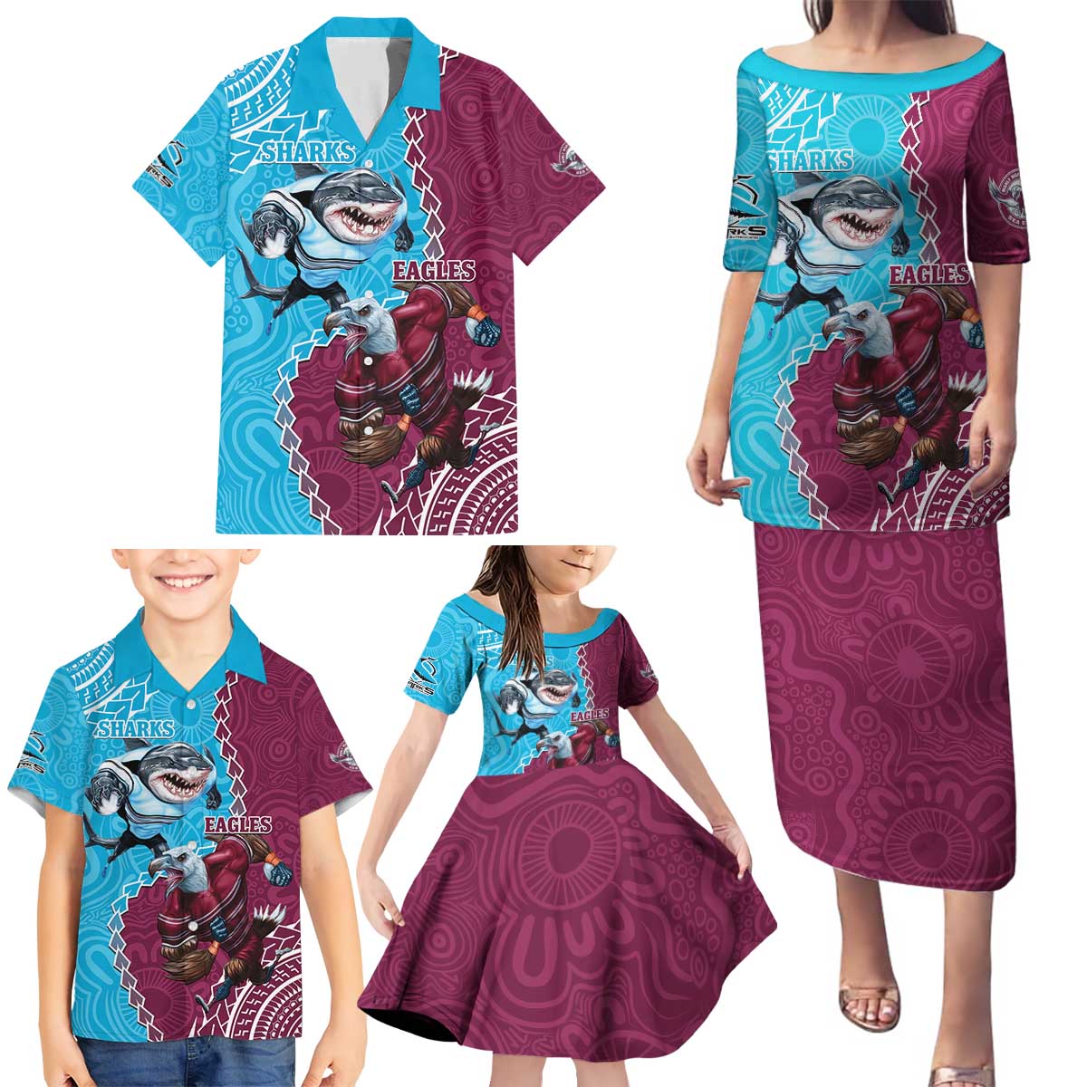 Personalised Eagles And Sharks Rugby Family Matching Puletasi and Hawaiian Shirt Aboriginal Mix Polynesian Pattern