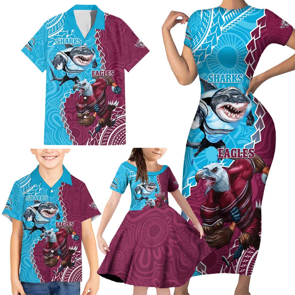 Personalised Eagles And Sharks Rugby Family Matching Short Sleeve Bodycon Dress and Hawaiian Shirt Aboriginal Mix Polynesian Pattern