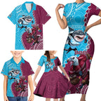 Personalised Eagles And Sharks Rugby Family Matching Short Sleeve Bodycon Dress and Hawaiian Shirt Aboriginal Mix Polynesian Pattern