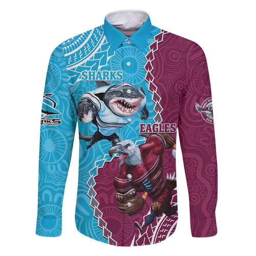 Personalised Eagles And Sharks Rugby Family Matching Short Sleeve Bodycon Dress and Hawaiian Shirt Aboriginal Mix Polynesian Pattern
