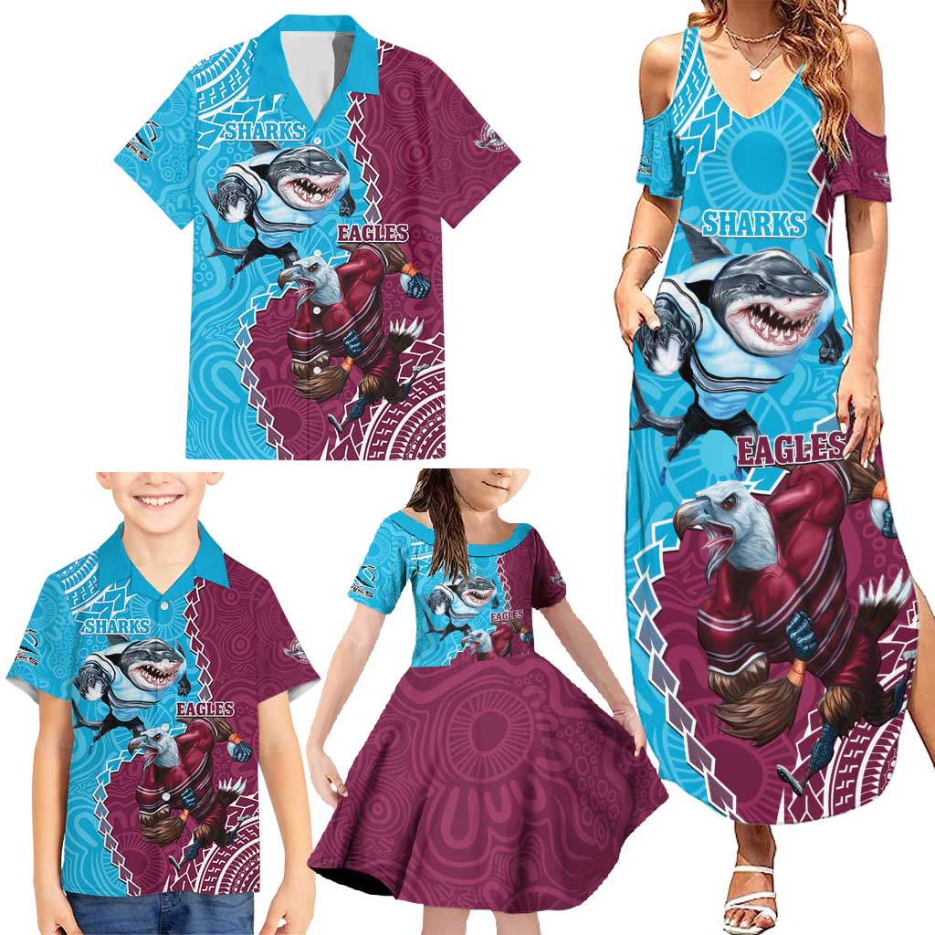 Personalised Eagles And Sharks Rugby Family Matching Summer Maxi Dress and Hawaiian Shirt Aboriginal Mix Polynesian Pattern