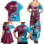 Personalised Eagles And Sharks Rugby Family Matching Summer Maxi Dress and Hawaiian Shirt Aboriginal Mix Polynesian Pattern