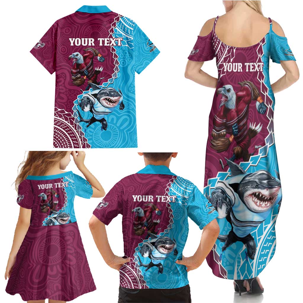 Personalised Eagles And Sharks Rugby Family Matching Summer Maxi Dress and Hawaiian Shirt Aboriginal Mix Polynesian Pattern