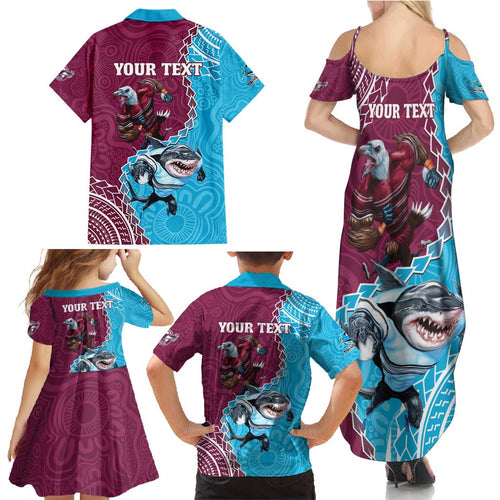 Personalised Eagles And Sharks Rugby Family Matching Summer Maxi Dress and Hawaiian Shirt Aboriginal Mix Polynesian Pattern