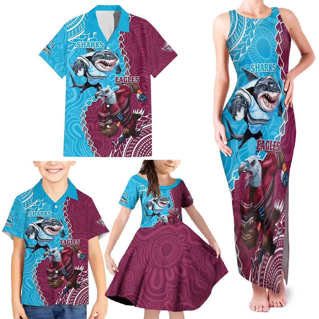 Personalised Eagles And Sharks Rugby Family Matching Tank Maxi Dress and Hawaiian Shirt Aboriginal Mix Polynesian Pattern