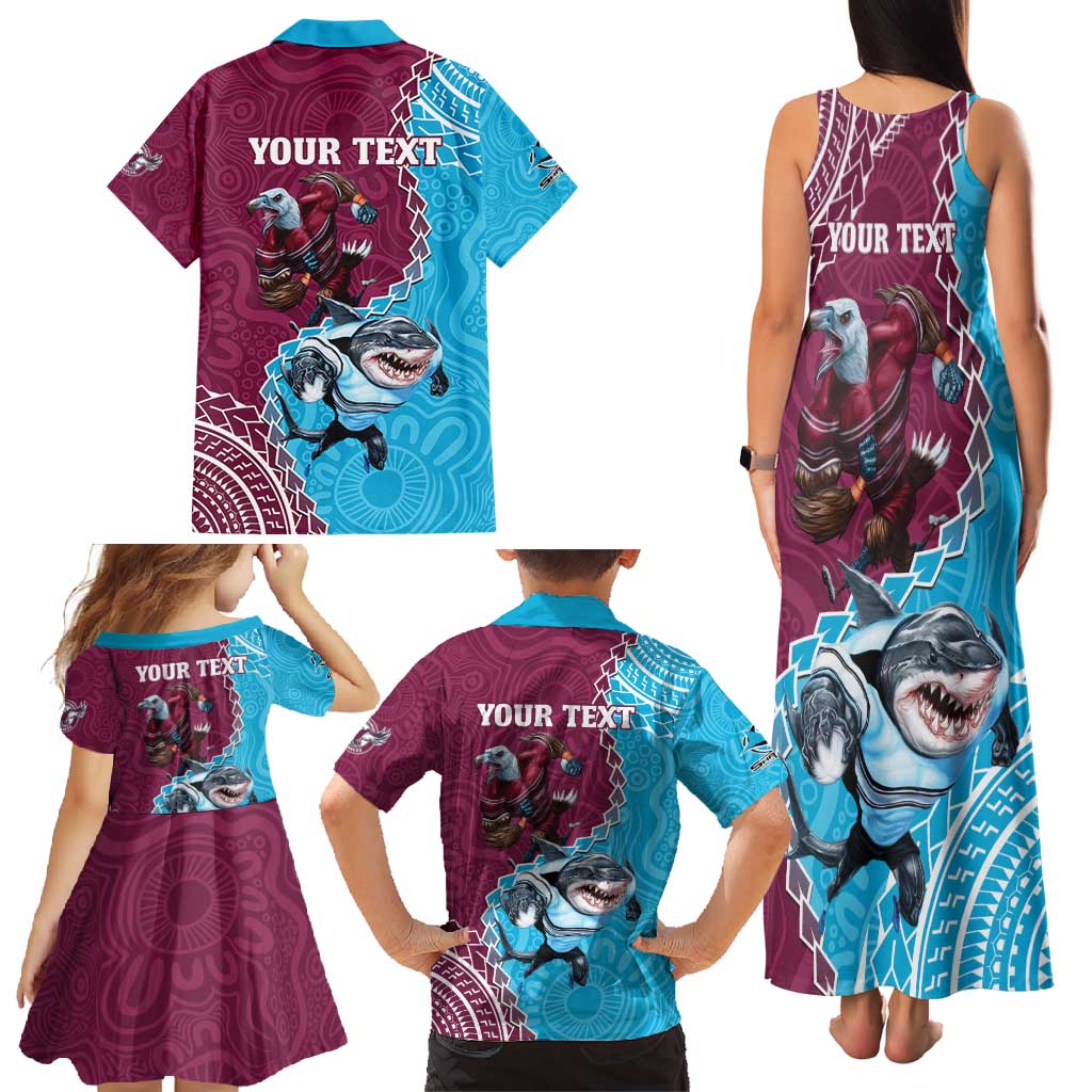 Personalised Eagles And Sharks Rugby Family Matching Tank Maxi Dress and Hawaiian Shirt Aboriginal Mix Polynesian Pattern