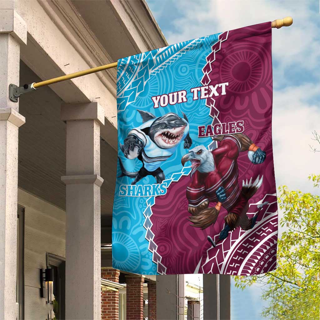 Personalised Eagles And Sharks Rugby Garden Flag Aboriginal Mix Polynesian Pattern