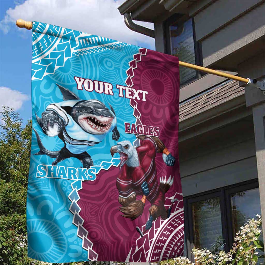 Personalised Eagles And Sharks Rugby Garden Flag Aboriginal Mix Polynesian Pattern