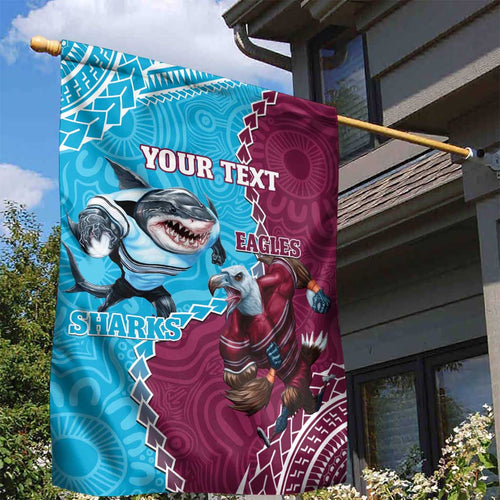 Personalised Eagles And Sharks Rugby Garden Flag Aboriginal Mix Polynesian Pattern