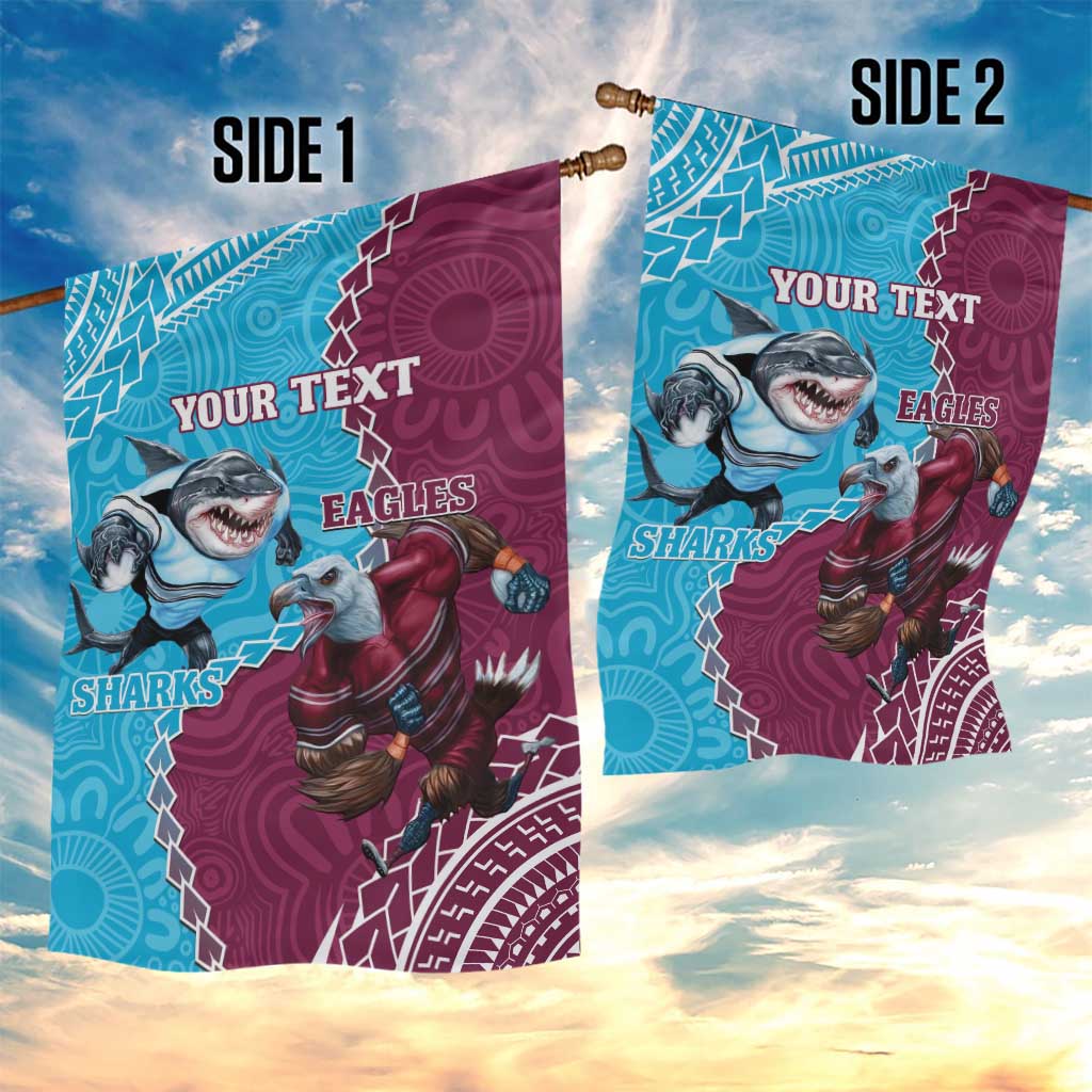 Personalised Eagles And Sharks Rugby Garden Flag Aboriginal Mix Polynesian Pattern