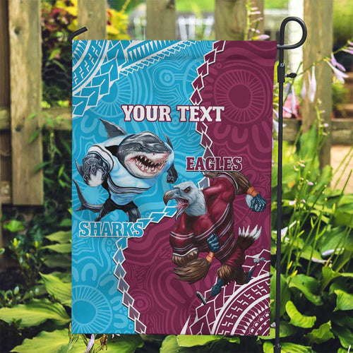 Personalised Eagles And Sharks Rugby Garden Flag Aboriginal Mix Polynesian Pattern