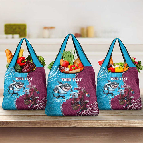Personalised Eagles And Sharks Rugby Grocery Bag Aboriginal Mix Polynesian Pattern