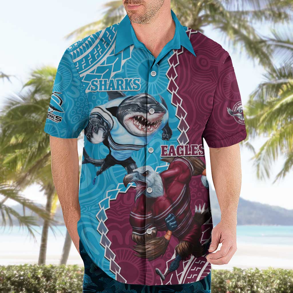 Personalised Eagles And Sharks Rugby Hawaiian Shirt Aboriginal Mix Polynesian Pattern