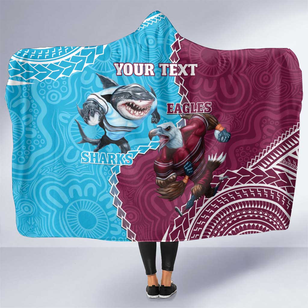 Personalised Eagles And Sharks Rugby Hooded Blanket Aboriginal Mix Polynesian Pattern