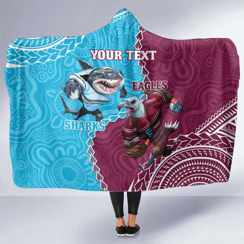 Personalised Eagles And Sharks Rugby Hooded Blanket Aboriginal Mix Polynesian Pattern