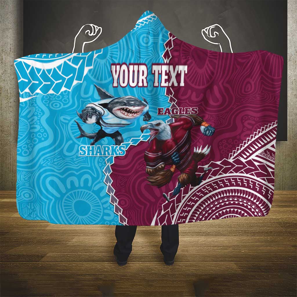 Personalised Eagles And Sharks Rugby Hooded Blanket Aboriginal Mix Polynesian Pattern