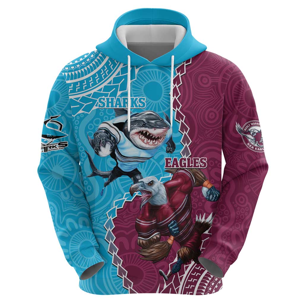 Personalised Eagles And Sharks Rugby Hoodie Aboriginal Mix Polynesian Pattern