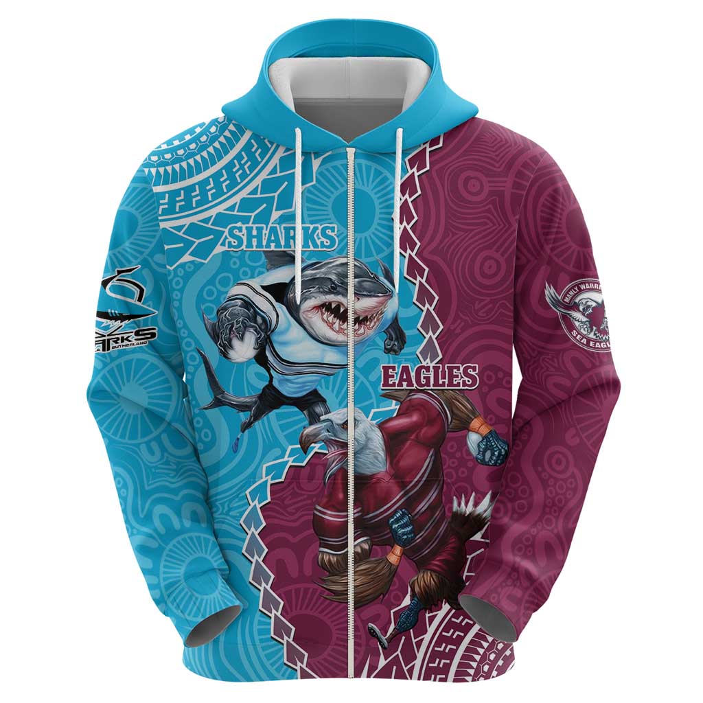 Personalised Eagles And Sharks Rugby Hoodie Aboriginal Mix Polynesian Pattern