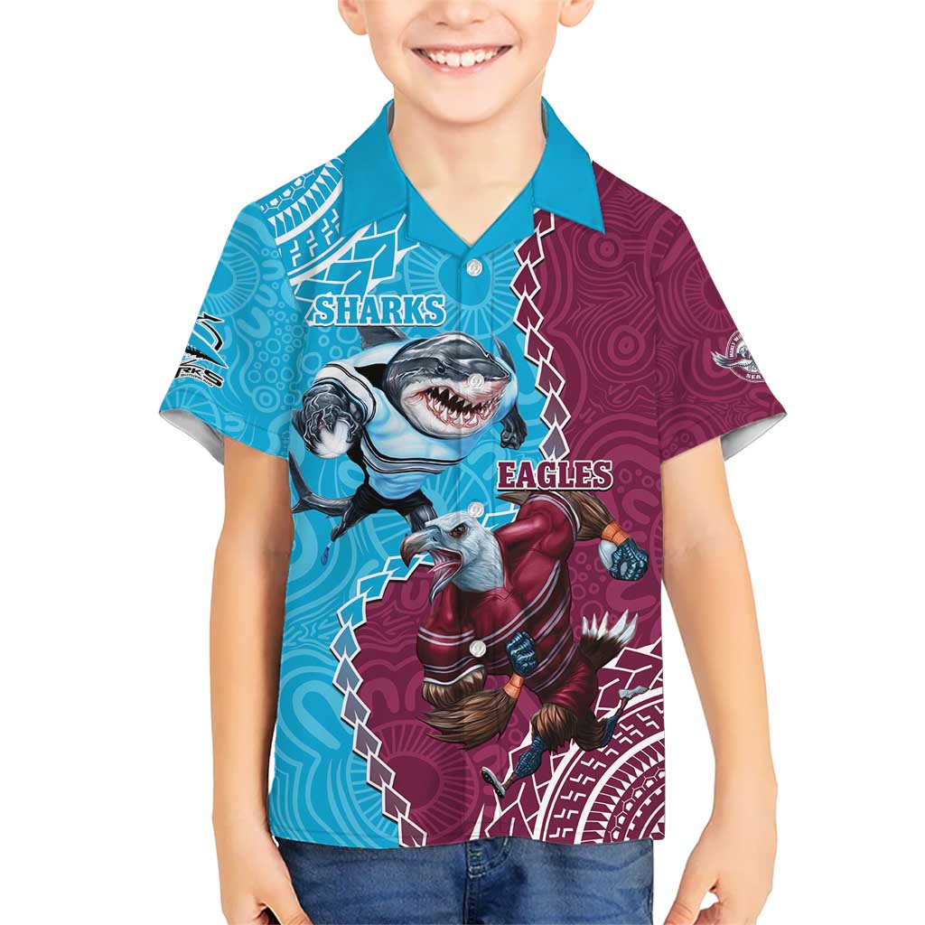 Personalised Eagles And Sharks Rugby Kid Hawaiian Shirt Aboriginal Mix Polynesian Pattern
