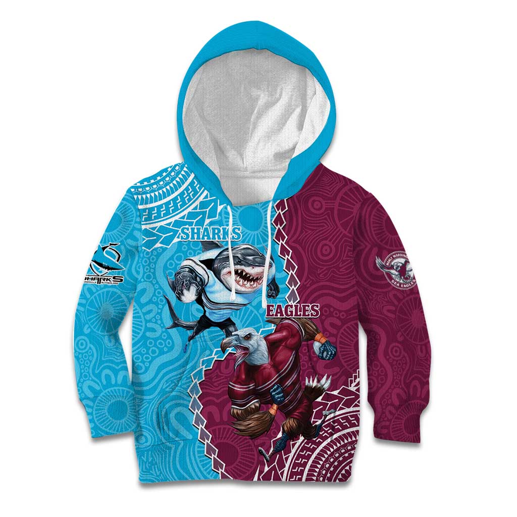 Personalised Eagles And Sharks Rugby Kid Hoodie Aboriginal Mix Polynesian Pattern