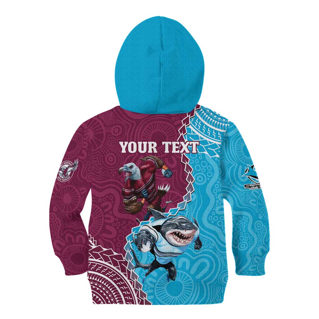 Personalised Eagles And Sharks Rugby Kid Hoodie Aboriginal Mix Polynesian Pattern