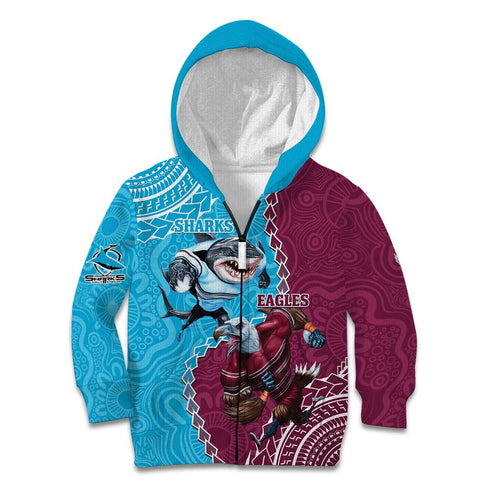 Personalised Eagles And Sharks Rugby Kid Hoodie Aboriginal Mix Polynesian Pattern