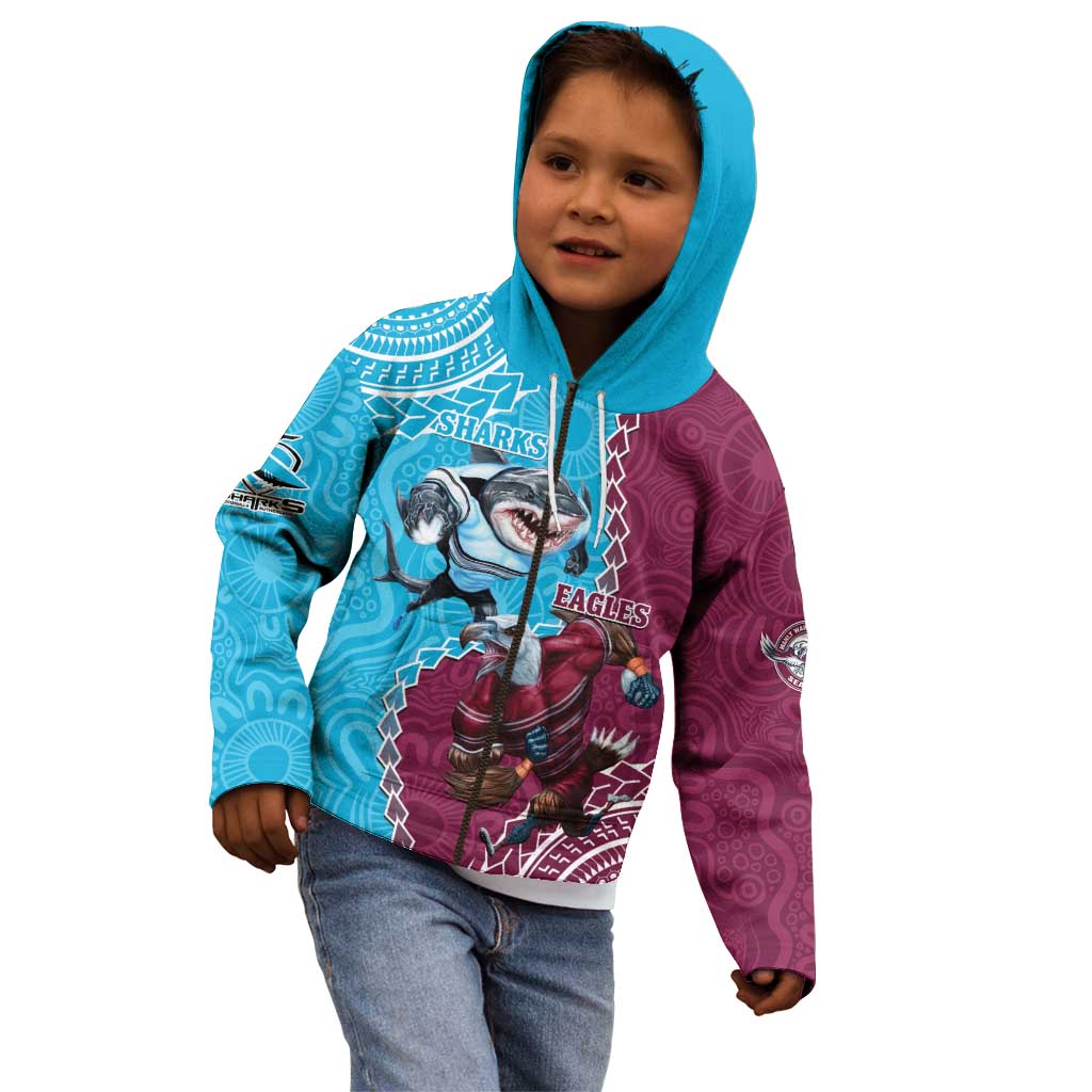Personalised Eagles And Sharks Rugby Kid Hoodie Aboriginal Mix Polynesian Pattern
