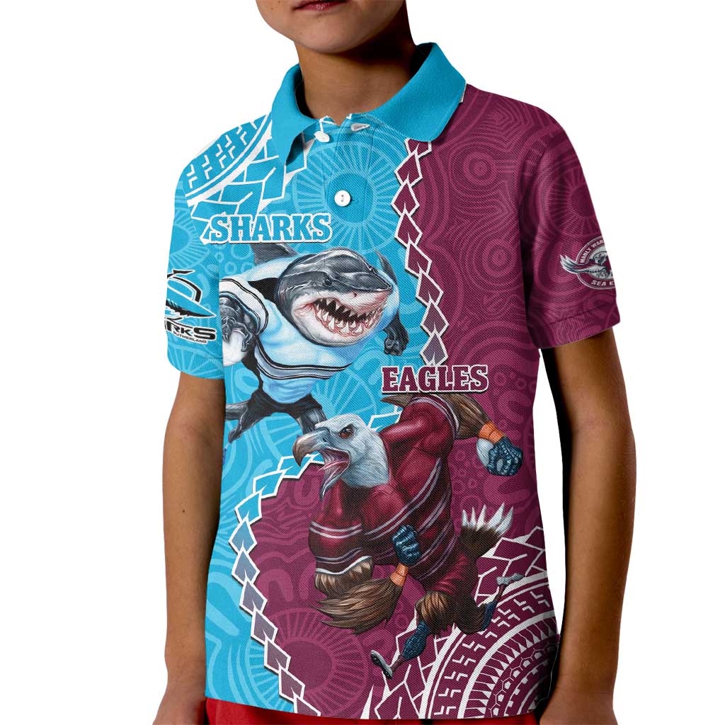 Personalised Eagles And Sharks Rugby Kid Polo Shirt Aboriginal Mix Polynesian Pattern