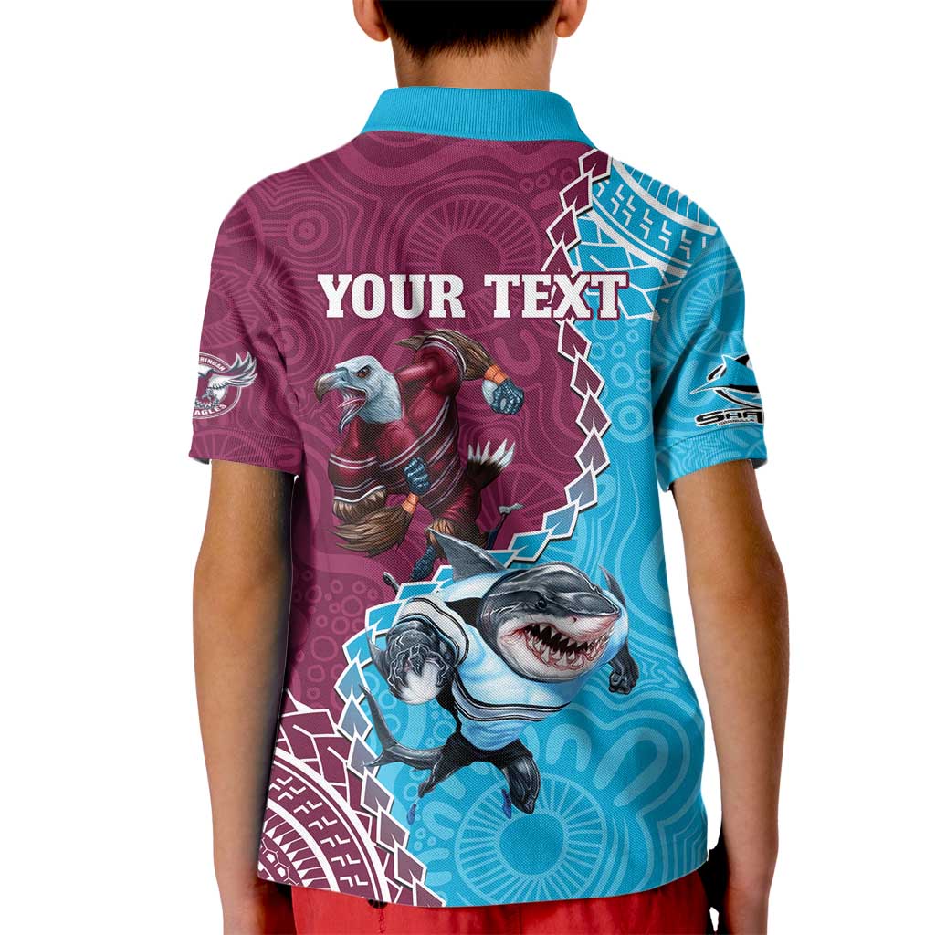 Personalised Eagles And Sharks Rugby Kid Polo Shirt Aboriginal Mix Polynesian Pattern