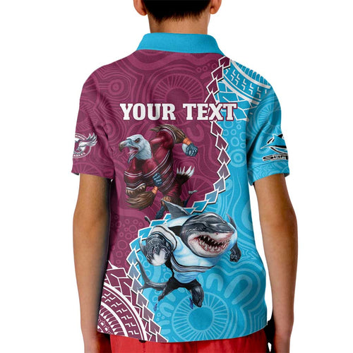 Personalised Eagles And Sharks Rugby Kid Polo Shirt Aboriginal Mix Polynesian Pattern
