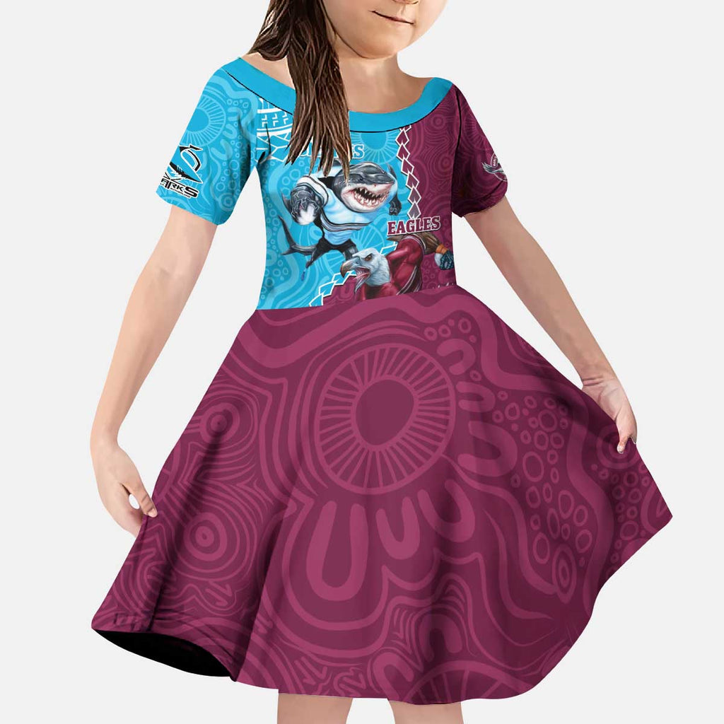 Personalised Eagles And Sharks Rugby Kid Short Sleeve Dress Aboriginal Mix Polynesian Pattern