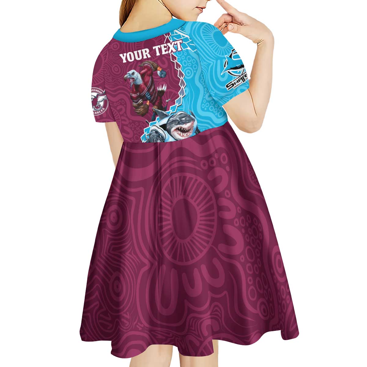 Personalised Eagles And Sharks Rugby Kid Short Sleeve Dress Aboriginal Mix Polynesian Pattern