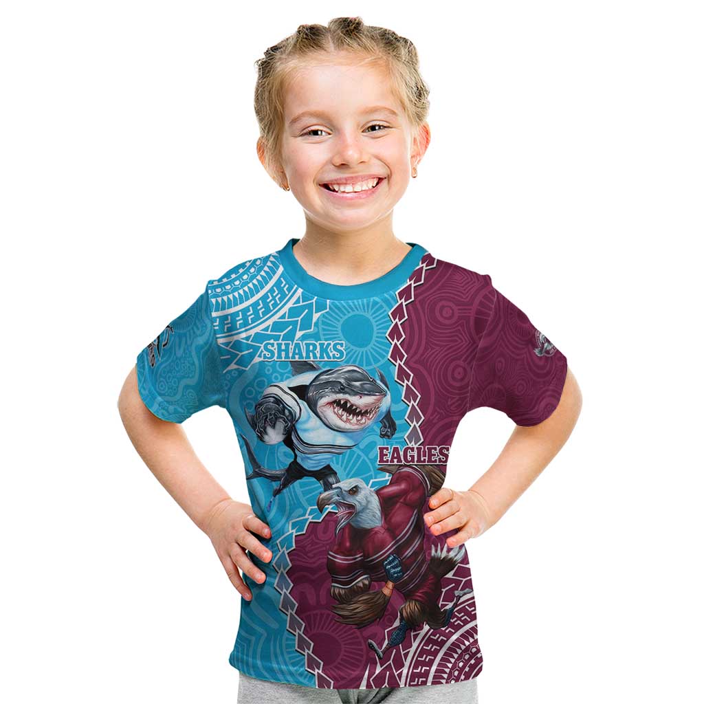Personalised Eagles And Sharks Rugby Kid T Shirt Aboriginal Mix Polynesian Pattern
