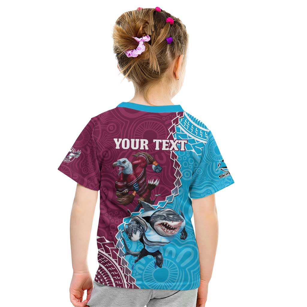 Personalised Eagles And Sharks Rugby Kid T Shirt Aboriginal Mix Polynesian Pattern