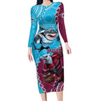 Personalised Eagles And Sharks Rugby Long Sleeve Bodycon Dress Aboriginal Mix Polynesian Pattern