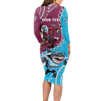 Personalised Eagles And Sharks Rugby Long Sleeve Bodycon Dress Aboriginal Mix Polynesian Pattern