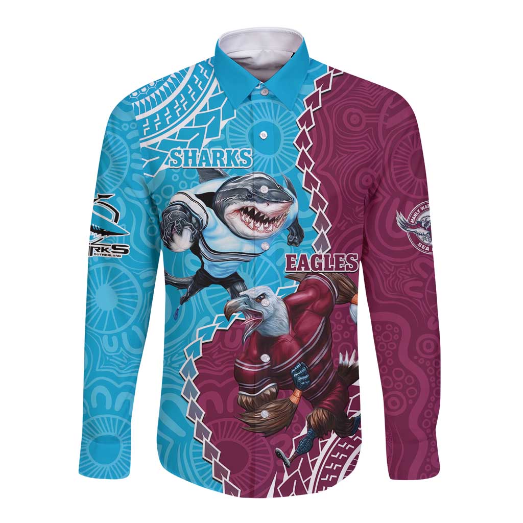 Personalised Eagles And Sharks Rugby Long Sleeve Button Shirt Aboriginal Mix Polynesian Pattern