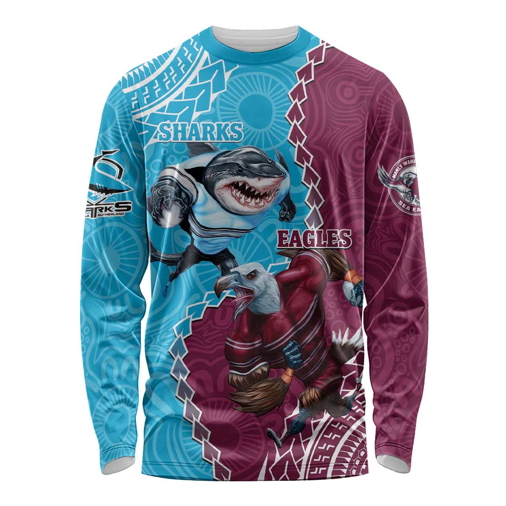 Personalised Eagles And Sharks Rugby Long Sleeve Shirt Aboriginal Mix Polynesian Pattern