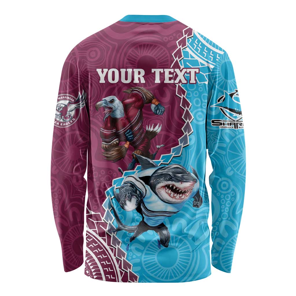 Personalised Eagles And Sharks Rugby Long Sleeve Shirt Aboriginal Mix Polynesian Pattern