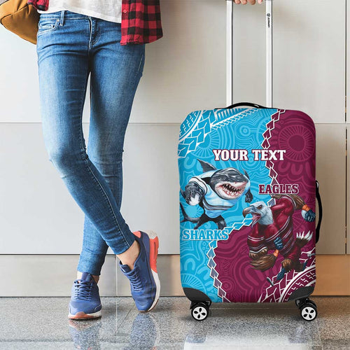 Personalised Eagles And Sharks Rugby Luggage Cover Aboriginal Mix Polynesian Pattern