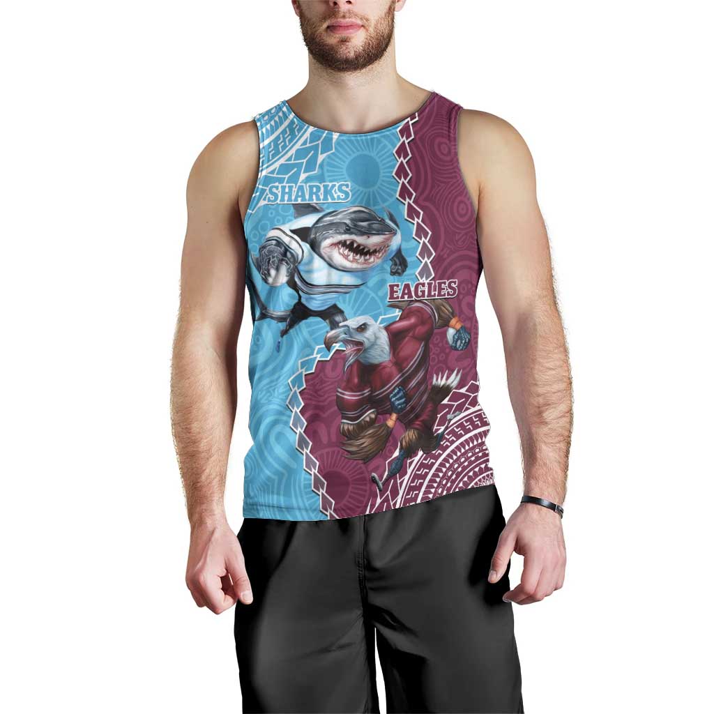 Personalised Eagles And Sharks Rugby Men Tank Top Aboriginal Mix Polynesian Pattern