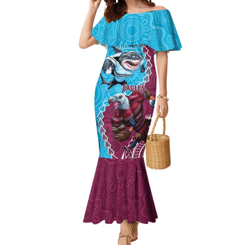 Personalised Eagles And Sharks Rugby Mermaid Dress Aboriginal Mix Polynesian Pattern